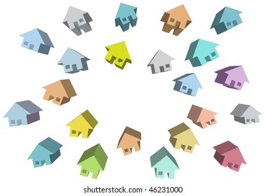 Homes neighborhood as a group of 3D houses around copy space.