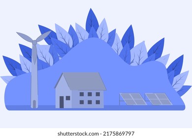 Homes, Solar Panels and Wind Turbines. Eco House, Energy Saving House, Green Energy concept banner design. Flat style vector illustration.