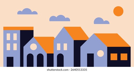 Homes vector simple illustration in bright colors. Town cartoon background design.