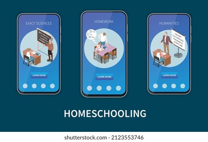 Banderas web móviles de la escuela primaria con estudiantes que tienen clases con tutores en casa 3d aislados en ilustración vectorial de fondo oscuro