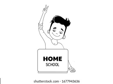 Home-school Mode. Quarantine Measures. Kids Programming Summer Camp Logo. Coding Kid. Cartoon Vector Young Programmer Personage. Illustration Of Programming Student.