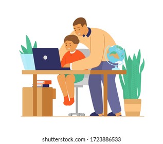 Homeschool Or Online Education. Dad Or Tutor With Child In Front Of Laptop Learning. Cozy Workplace With Plants. Flat Vector Illustration.