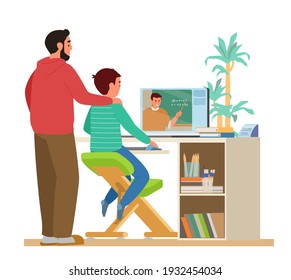 Homeschool or Online Education. Dad or Tutor with Child sitting in front of Laptop Learning Maths. Flat vector illustration.Ergonomic Working Place With School Supplies. 