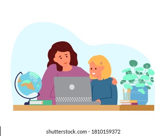 Homeschool or online education. Mother with daughter sitting in front of laptop learning. Flat vector illustration.