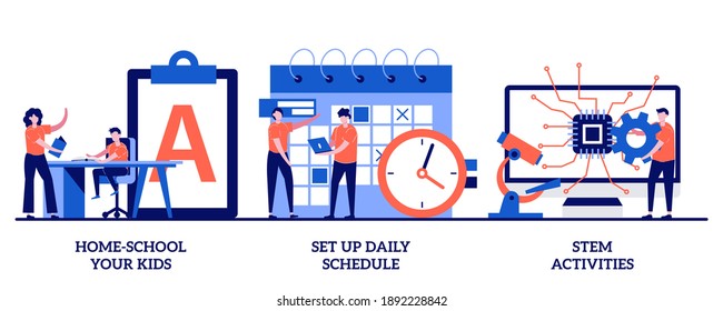 Home-school your kids, set up daily schedule, STEM activities concept with tiny people. Remote home education abstract vector illustration set. Quarantine learning routine, study calendar metaphor.