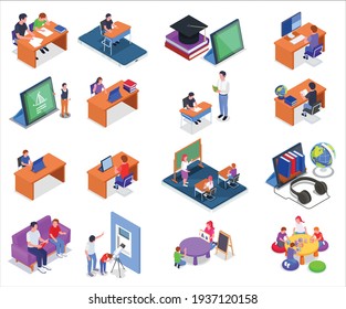 Homeschooling 3d isometric icons set with online classes and parents teaching their children isolated vector illustration