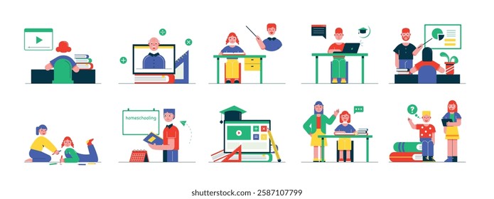 Homeschooling activities, private learning by online and offline. Design character. Vector flat illustration packs