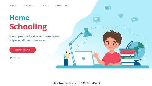 Homeschooling banner with boy studying with computer at home. Vector illustration in flat style