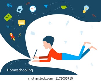 Homeschooling. The boy is studying. The child writes with a pencil. Flat vector illustration.