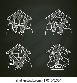 Homeschooling chalk icons set . Family together teaches his child. Online education concept. Distant remote teaching and home schooling. Isolated vector illustrations on chalkboard