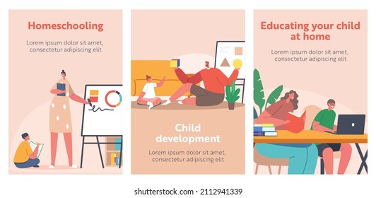 Homeschooling, Child Development, Family Home Education Cartoon Banners. Parents And Children Make Lessons Together, Mother, Father, Kids Students Characters Make Homework. Vector Illustration