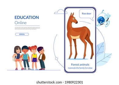 Homeschooling. Children learn forest animals lessons through a mobile app with a teacher chatbot. Deer. Distant e-learning. Online education concept. Vector cartoon illustration.