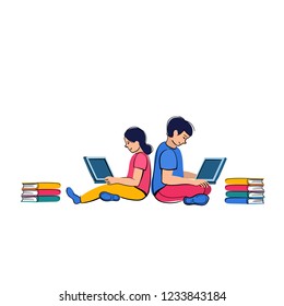 Homeschooling. Children sit at laptops and study far off in online to school. Internet education