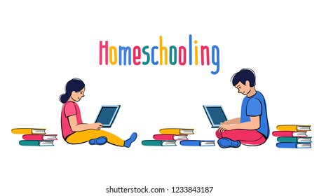 Homeschooling. Children sit at laptops and study far off in online to school. Internet education