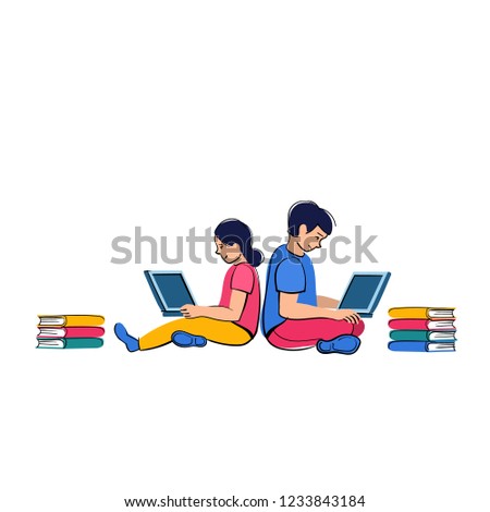 Homeschooling. Children sit at laptops and study far off in online to school. Internet education