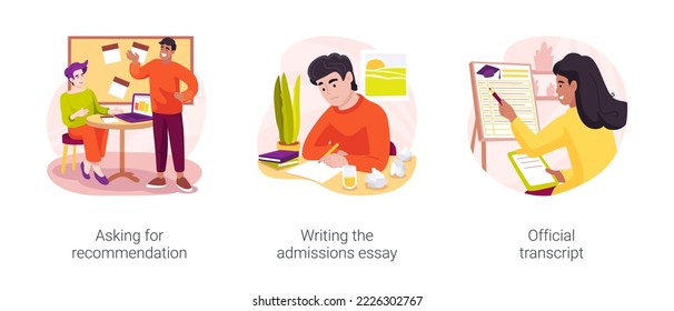 Homeschooling college admission isolated cartoon vector illustration set. Asking for recommendation letter, writing the admissions essay, official transcript, academic record vector cartoon.