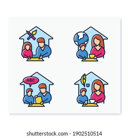 Homeschooling color line icons set .Parents do lessons with their child. Online education concept. Distant remote teaching and home schooling. Isolated vector illustrations 