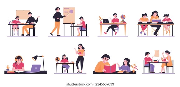 Homeschooling color set with isolated icons characters of tutors with children at desk with books laptops vector illustration