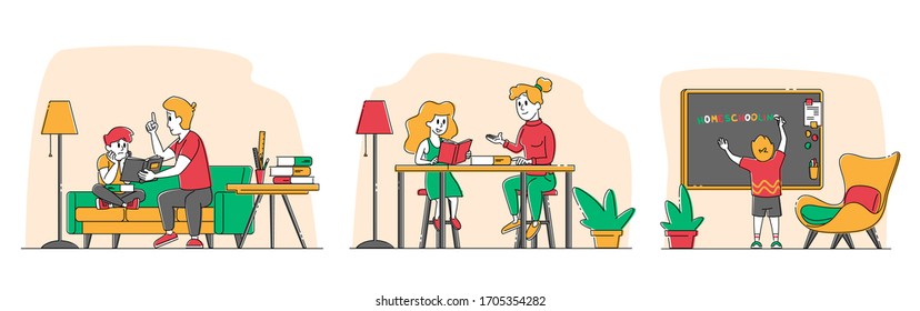 Homeschooling Concept. Children Characters Getting Education at Home with Tutors or Parents in Relaxed Comfortable Environment. Domestic Education Plan for Pupils. Linear People Vector Illustration