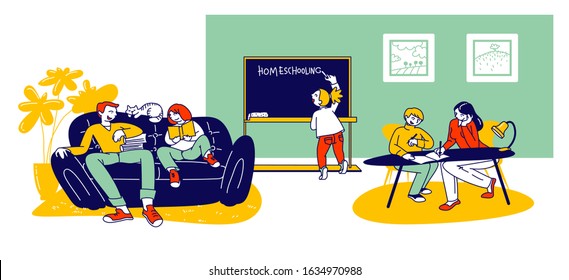 Homeschooling Concept. Children Getting Education at Home with Tutors or Parents in Relaxed Comfortable Environment. Domestic Education Plan for Pupils. Cartoon Flat Vector Illustration, Line Art