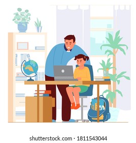Homeschooling Concept. Father Or Tutor Teaching Girl At Home. Girl Sitting At Desk At Laptop. Flat Vector Illustration.