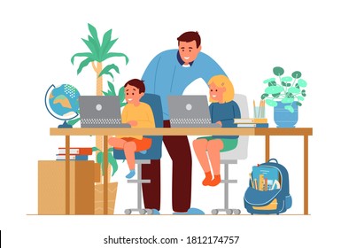 Homeschooling Concept. Father Or Tutor Teaching Kids At Home. Girl And Boy Sitting At Desk At Laptops. Flat Vector Illustration.