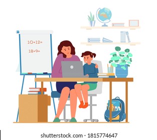 Homeschooling Concept. Mother Or Tutor Teaching Girl At Home. Girl Sitting At Desk At Laptop. Flat Vector Illustration.