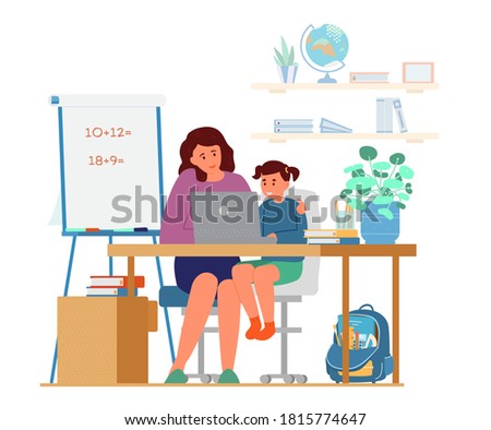 Homeschooling Concept. Mother Or Tutor Teaching Girl At Home. Girl Sitting At Desk At Laptop. Flat Vector Illustration.
