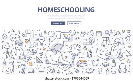 Homeschooling concept. School students are trained at home. Doodle illustration of home online education