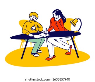 Homeschooling Concept. Young Woman and Schoolboy Sitting at Desk, Teacher Female Character or Mother Explain to Boy Lesson, Help Making Homework for School. Cartoon Flat Vector Illustration, Line Art