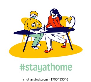 Homeschooling during Covid 19 Quarantine. Woman and Schoolboy Sitting at Desk, Teacher Female Character or Mother Explain Lesson, Help Making Homework for School. Linear People Vector Illustration