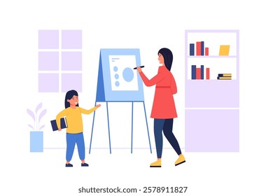 Homeschooling during quarantine, teacher explaining lesson on a whiteboard to a little girl student holding a book, books on a shelf, window, houseplant, illustration