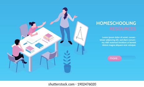 Homeschooling family create learning space horizontal background webpage banner mother practice geometry with 2 kids vector illustration
