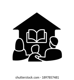 Homeschooling family glyph icon. Parents and child spend more time together. Online education concept. Distant remote teaching and homeschooling. Isolated silhouette vector illustration