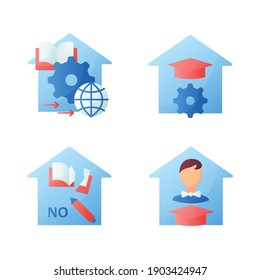 Homeschooling flat icons set .Benefits of schooling at home. Online education concept. Distant remote teaching and home schooling. Isolated color vector illustrations 