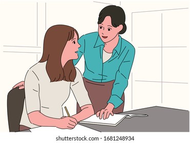 Homeschooling. A girl sits at a desk to study and the tutor is kindly teaching her. hand drawn style vector design illustrations. 