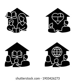 Homeschooling glyph icons set . Family together teaches his child. Online education concept. Distant remote teaching and home schooling. Isolated silhouette vector illustrations