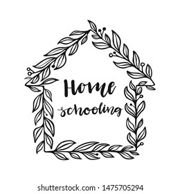 Homeschooling hand drawn vector lettering. Black and white emblem. Learning style design element. Home education concept.