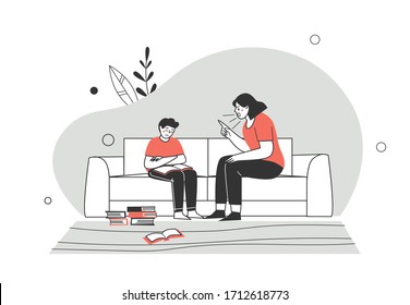 Homeschooling or home education. A mother, a parent scolds her son's child for lessons. Difficulties of home schooling. Flat style character vector illustration