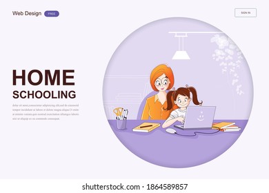 Homeschooling at home with tutor or parent getting education, home education plan. Vector illustration. Landing page template.