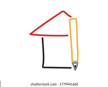 Homeschooling icon - Hand drawn house and pencil on White background