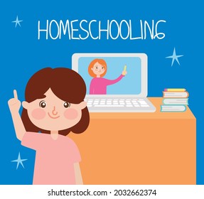 homeschooling illustration with girl studying and computer