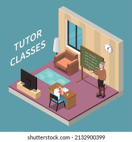 Homeschooling isometric composition with boy having mathematics class with tutor at his room 3d vector illustration