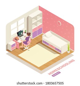 Homeschooling isometric composition with girl watching video lesson in her room 3d vector illustration