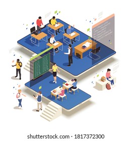 Homeschooling isometric concept with electronic monitors and two classrooms with students and teachers 3d vector illustration