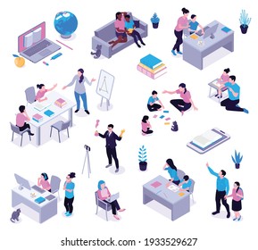 Homeschooling isometric set with parents helping studying children creating informal learning space teaching through games vector illustration