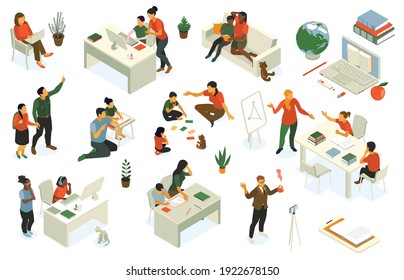 Homeschooling isometric set with parents supporting studying children creating learning space teaching online trough games vector illustration