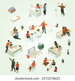 Homeschooling isometric set with parents supporting studying children creating learning space teaching online trough games vector illustration