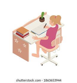 Homeschooling isometric with student at online lessons 3d vector illustration