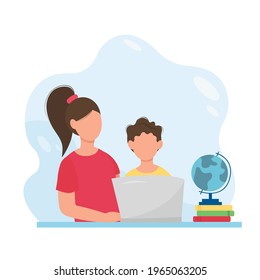 Homeschooling mother with boy studying with computer at home. Vector illustration in flat style